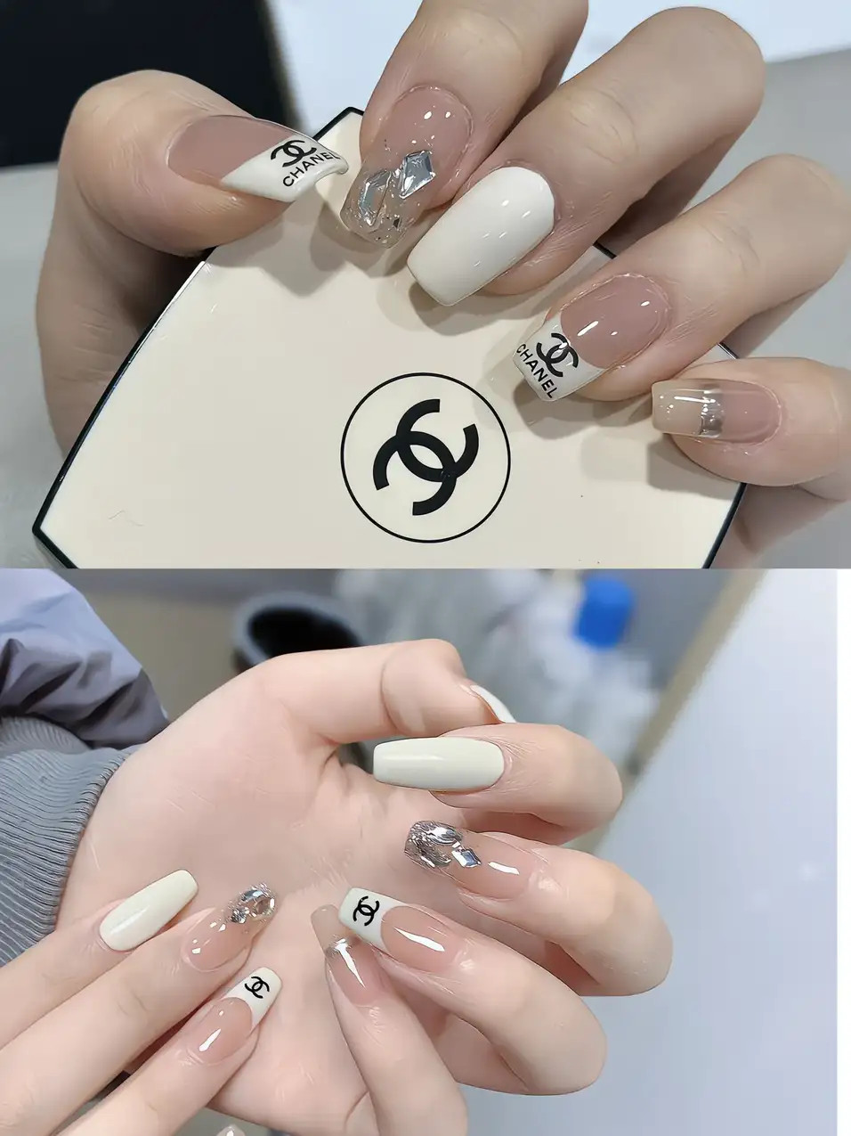 Mẫu nail Chanel trắng bạc với họa tiết logo và đá lấp lánh