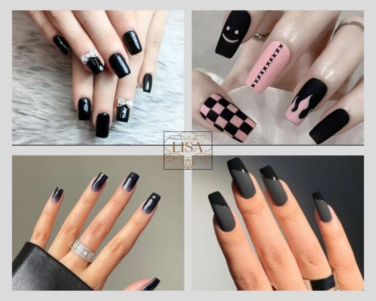 Mẫu nail đen huyền bí, đính charm ánh bạc, thể hiện sự mạnh mẽ và cá tính cho người mệnh Mộc
