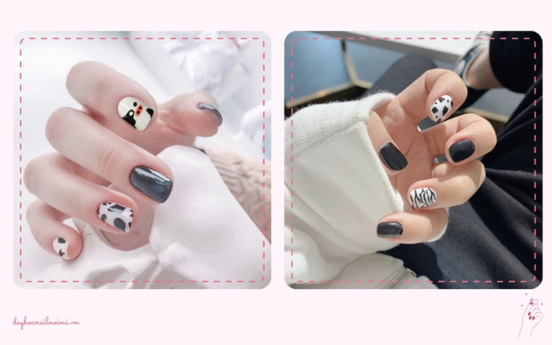 Mẫu nail đẹp bò sữa với tông màu đen trắng