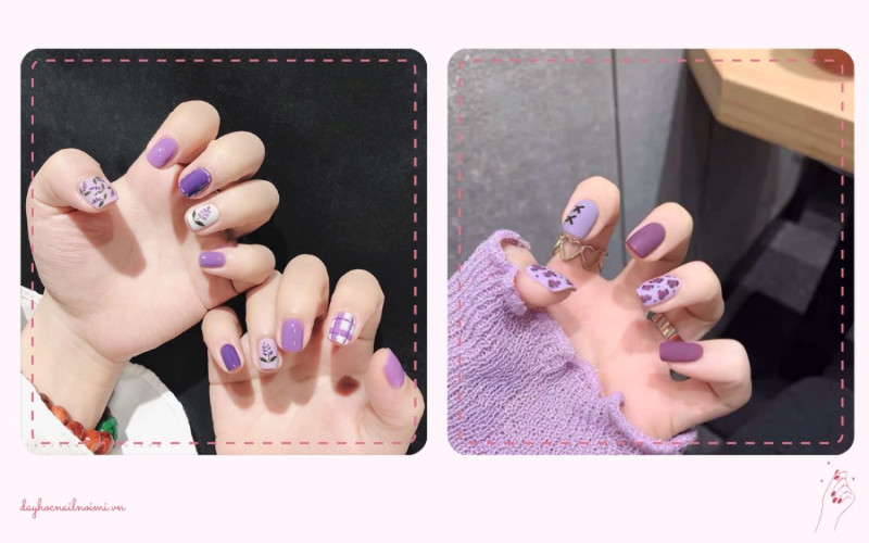 Mẫu nail đẹp màu tím cùng họa tiết bò sữa cực hợp với cô nàng da trắng