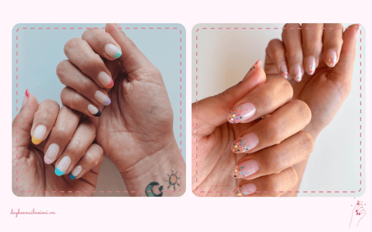 Mẫu nail đẹp trắng trong đầu móng viền màu hoặc kim tuyến nhiều màu
