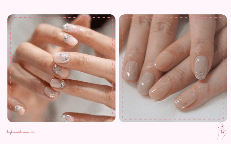 Mẫu nail đẹp trong suốt kim tuyến lấp lánh cho cô dâu