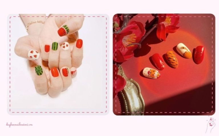 Mẫu nail đỏ cam đáng yêu phù hợp với lứa tuổi học sinh