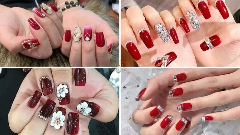 Mẫu nail đỏ đính đá sang trọng cho Tết