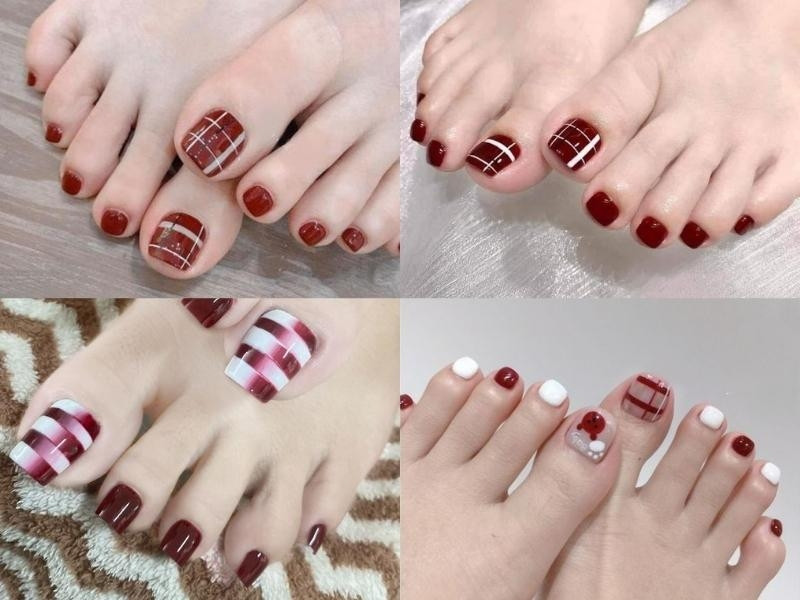 Mẫu nail đỏ mận kẻ caro cá tính trên nền móng tay