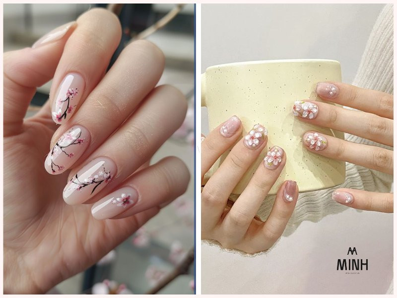 Mẫu nail hoa anh đào tinh tế trên nền móng màu hồng pastel
