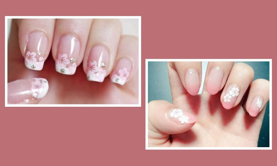 Mẫu nail hoa đào màu hồng phấn đính đá lấp lánh, nhẹ nhàng và sang trọng cho bàn tay
