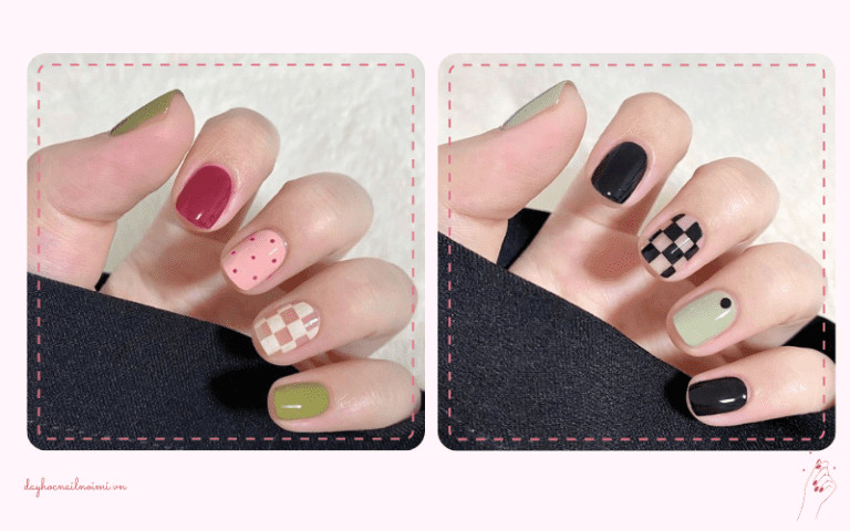 Mẫu nail họa tiết caro trắng đen và hồng nhạt đáng yêu, phù hợp xu hướng móng tay hot 2025 cho học sinh