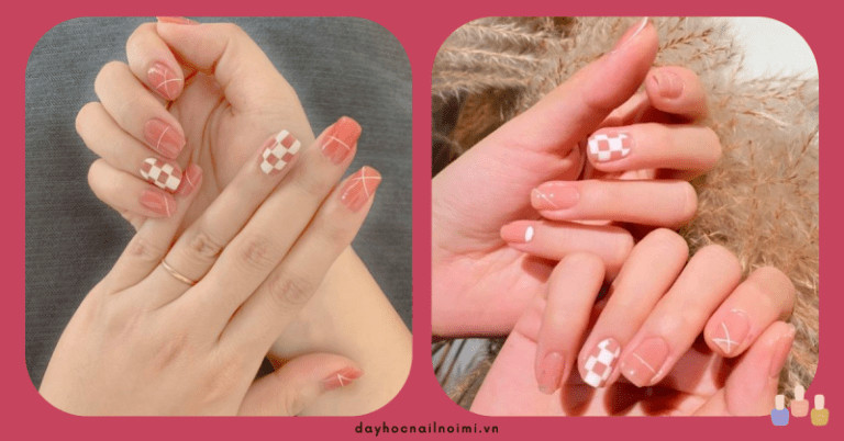 Mẫu nail hồng cam phối họa tiết caro trắng hồng đáng yêu