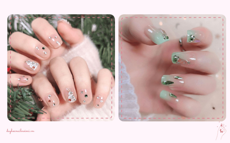 Mẫu nail hồng nhạt đính đá xanh tinh tế