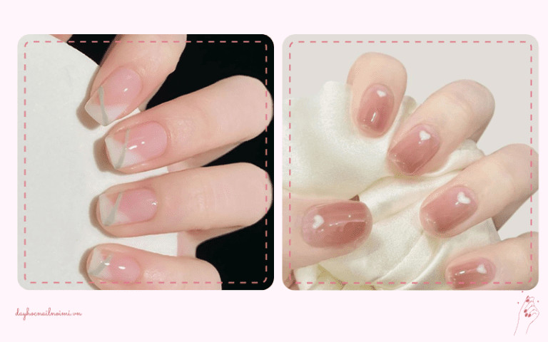Mẫu nail hồng nude trang trí họa tiết trái tim hoa