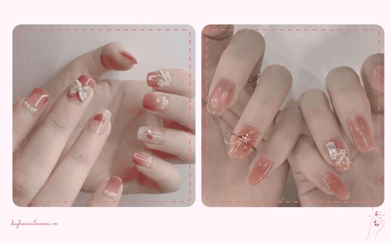 Mẫu nail hồng ombre gắn nơ hạt lấp lánh