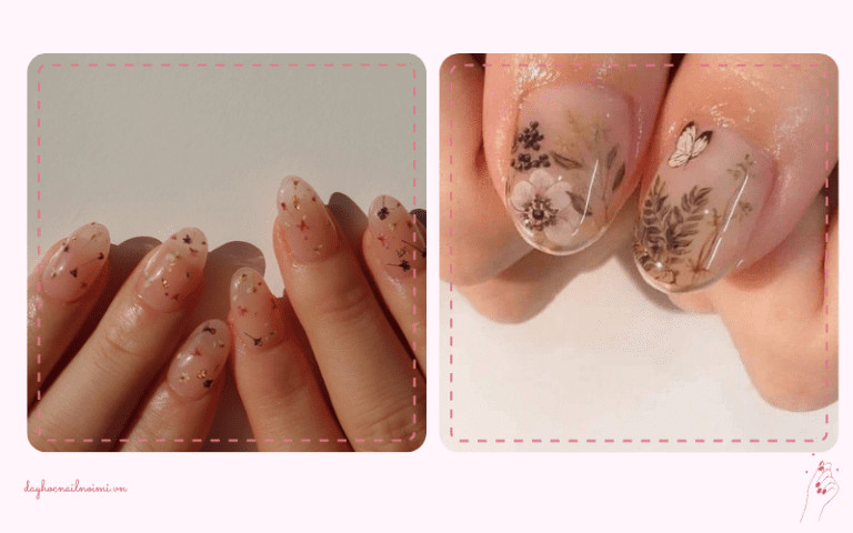 Mẫu nail hồng thạch đính đá và hoa tinh tế, một trong những thiết kế móng tay hot 2025