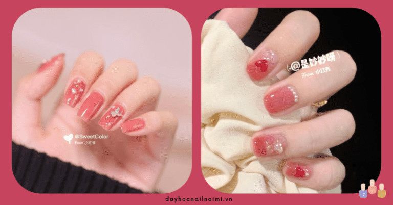 Mẫu nail hồng thạch đính đá viền móng và hình trái tim