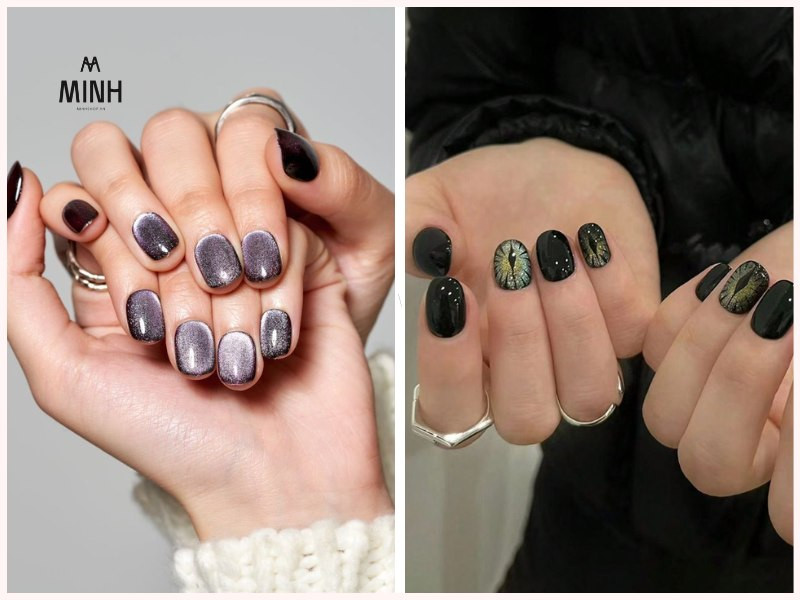 Mẫu nail mắt mèo đẹp màu đen huyền bí với ánh trăng