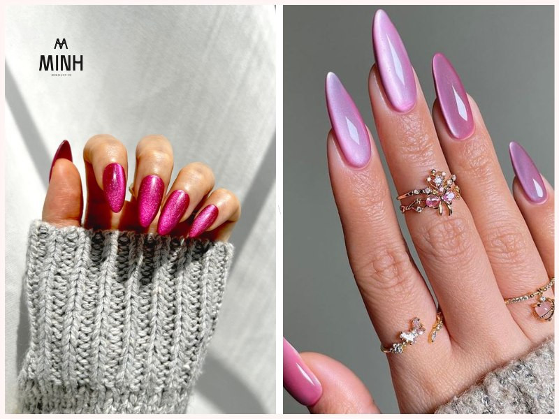 Mẫu nail mắt mèo đẹp màu hồng nữ tính với ánh trăng dịu dàng