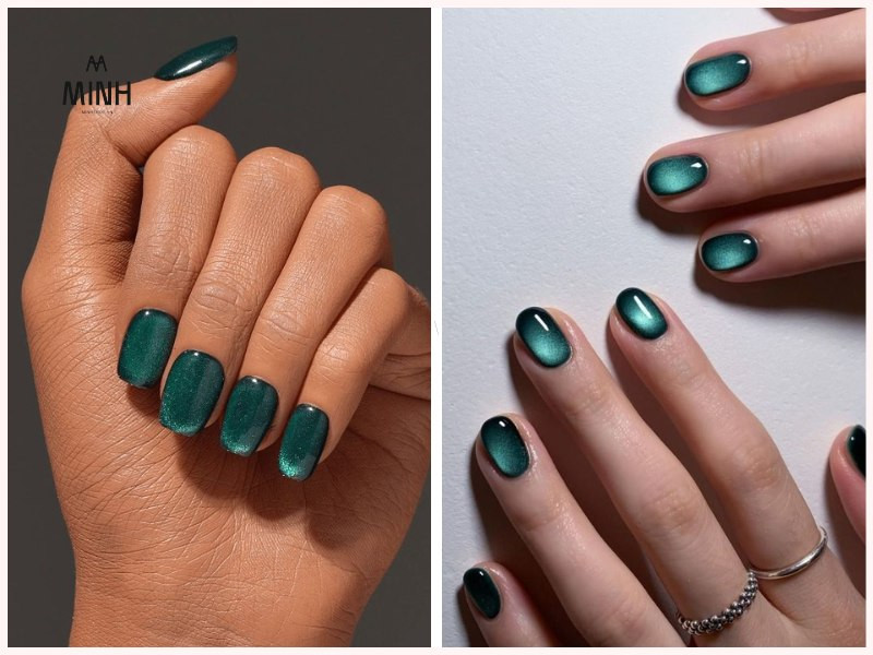 Mẫu nail mắt mèo đẹp màu xanh ngọc bích ánh trăng