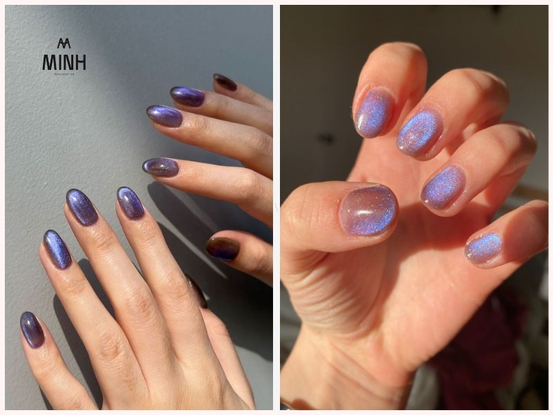 Mẫu nail mắt mèo đẹp với màu tím huyền ảo ánh trăng