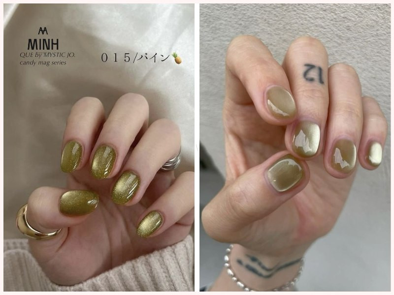 Mẫu nail mắt mèo đẹp với màu xanh lá và ánh trăng tươi mới