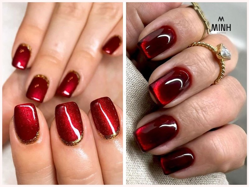 Mẫu nail mắt mèo đỏ bordeaux sang trọng với ánh trăng