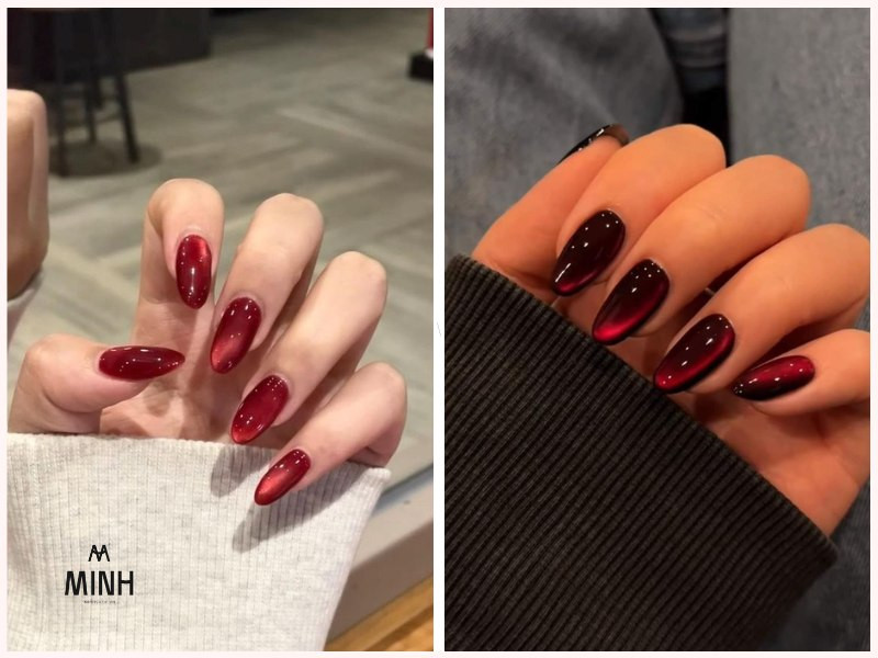 Mẫu nail mắt mèo đỏ rực rỡ với ánh trăng lấp lánh