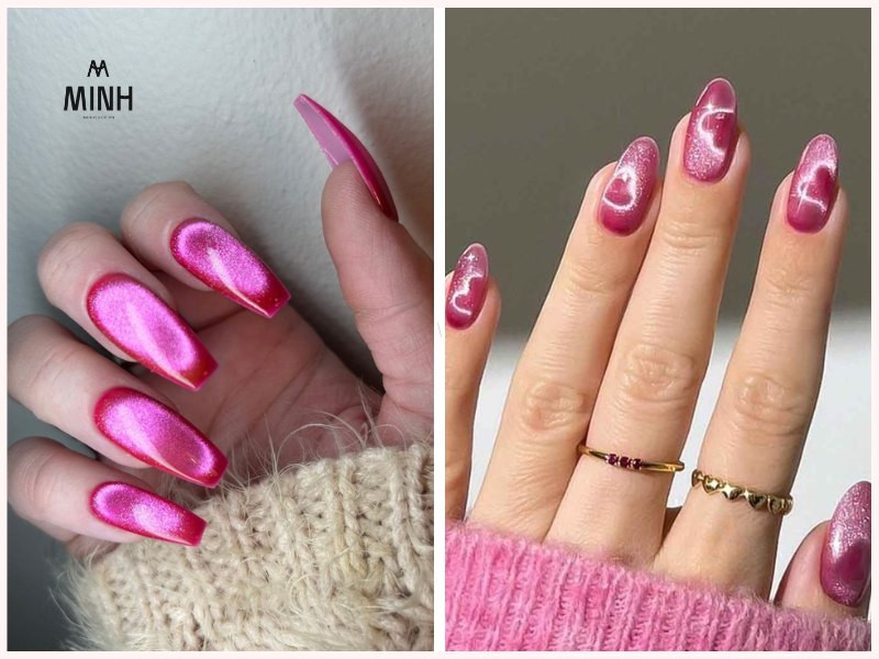 Mẫu nail mắt mèo hồng san hô trẻ trung cùng ánh trăng