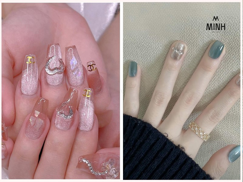 Mẫu nail mắt mèo kim cương đính đá cuốn hút ánh trăng