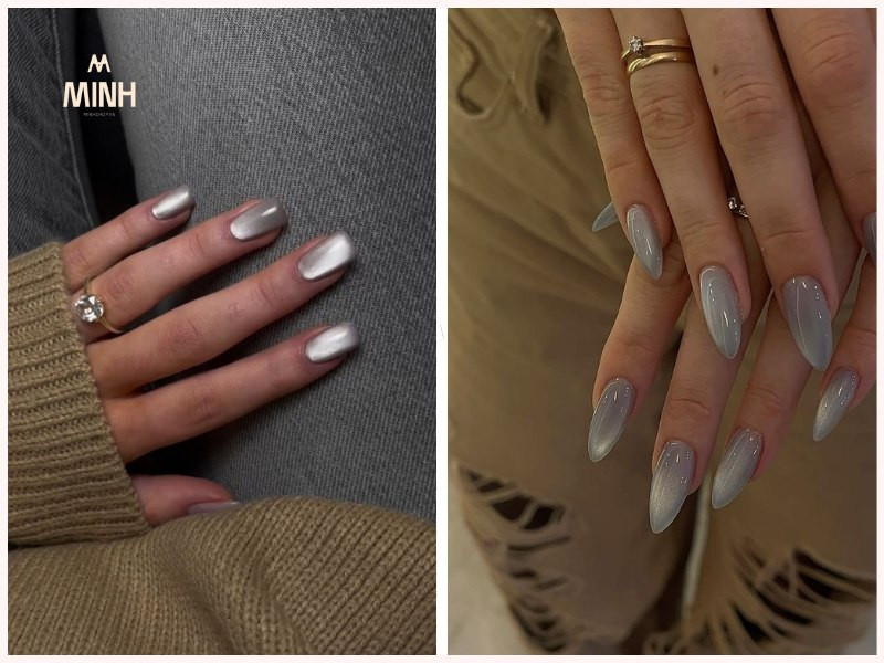 Mẫu nail mắt mèo màu xám khói với ánh trăng hiện đại