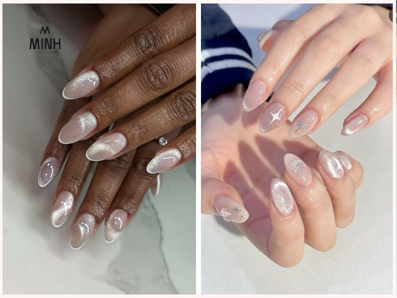 Mẫu nail mắt mèo trắng ngọc trai tinh khôi với ánh trăng