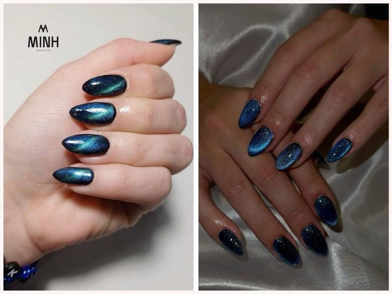 Mẫu nail mắt mèo xanh dương đậm nổi bật với ánh trăng
