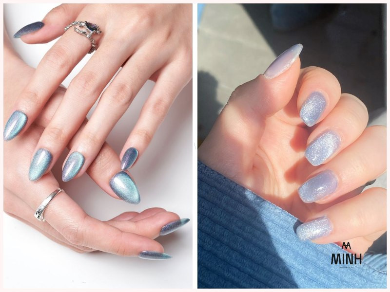 Mẫu nail mắt mèo xanh pastel dịu nhẹ với ánh trăng