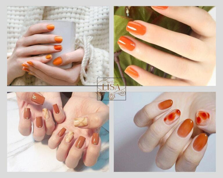 Mẫu nail màu cam tươi sáng, thiết kế ombre hiện đại, tăng cường năng lượng và sáng tạo cho người mệnh Mộc
