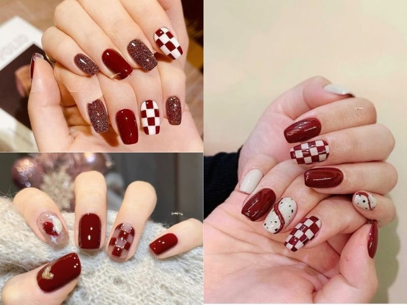 Mẫu nail màu đỏ rượu cho da ngăm tôn da