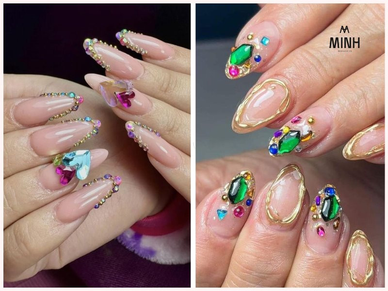 Mẫu nail màu hồng đính đá dễ thương