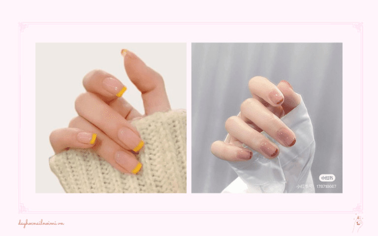 Mẫu nail màu hồng nude viền đầu móng tinh tế