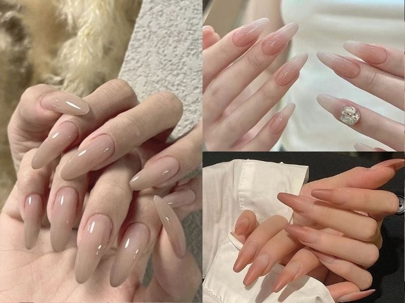 Mẫu nail màu nude pha be caramel tôn da ngăm