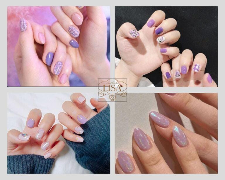 Mẫu nail màu tím than sang trọng, kết hợp nhũ lấp lánh, thể hiện sự quyến rũ và bí ẩn cho mệnh Mộc