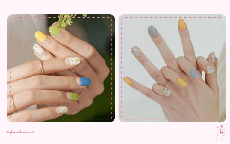 Mẫu nail màu vàng kết hợp họa tiết chấm bi đơn giản