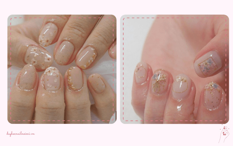 Mẫu nail nền màu trong suốt kết hợp hoa li ti và vàng, lý tưởng cho móng tay hot 2025 của cô dâu