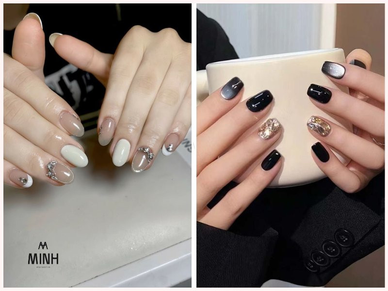 Mẫu nail ngắn đính đá dễ thương