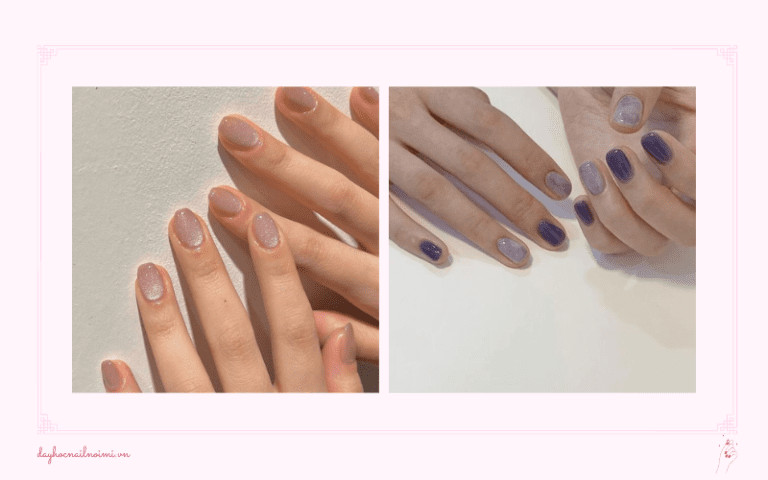 Mẫu nail nude nhũ kim tuyến lấp lánh, một trong những mẫu móng tay hot 2025
