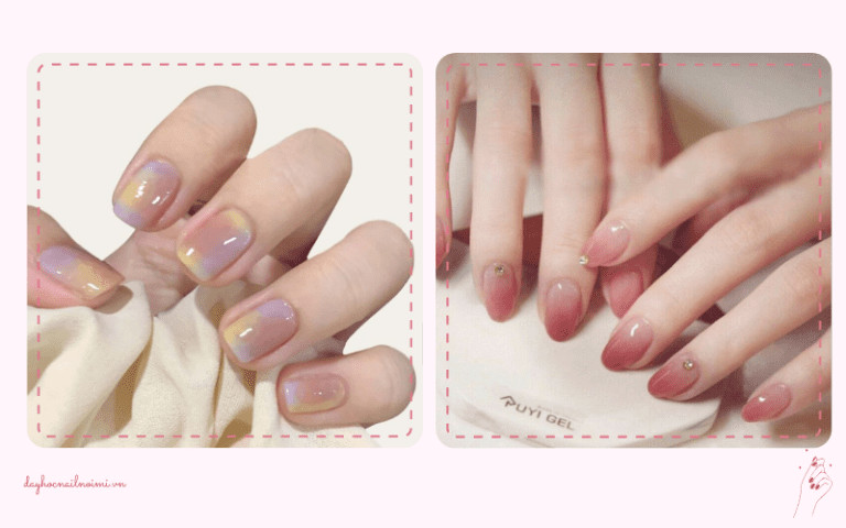 Mẫu nail ombre màu hồng nhạt đính đá tinh tế