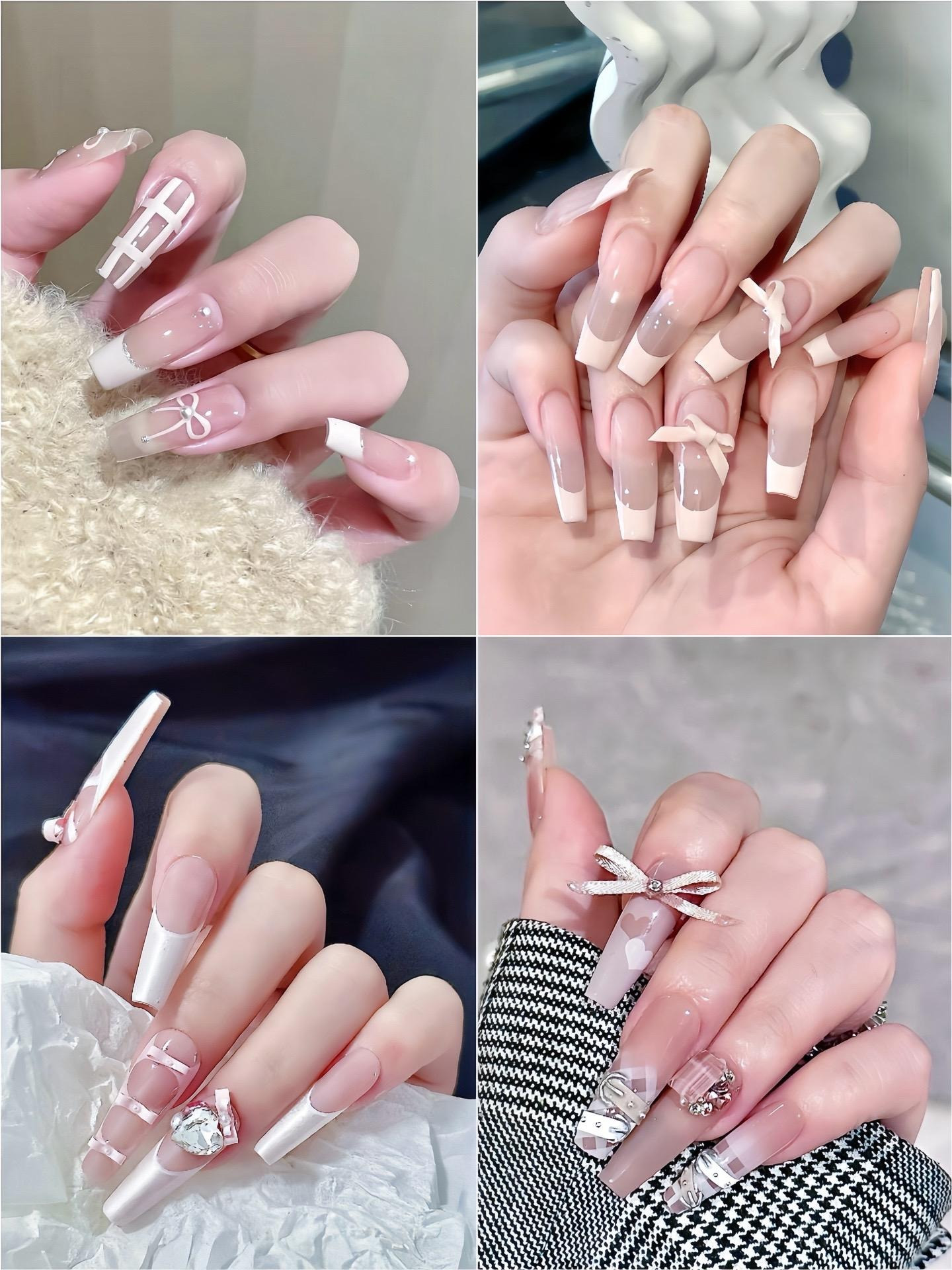 Mẫu nail tiểu thư dài dáng nhọn với lớp sơn bóng màu nude và đá điểm