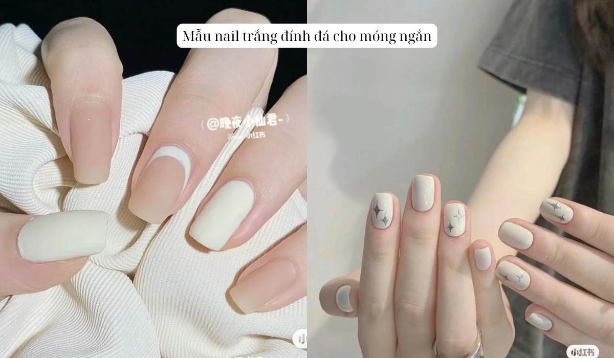 Mẫu nail trắng đính đá cho móng ngắn thanh lịch