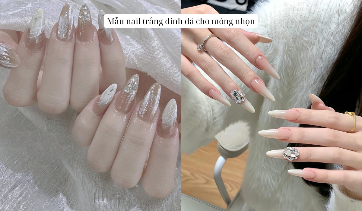 Mẫu nail trắng đính đá cho móng nhọn sang chảnh