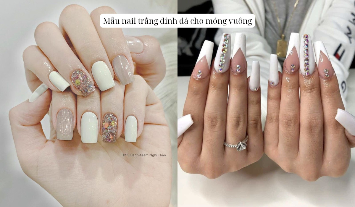 Mẫu nail trắng đính đá cho móng vuông cá tính