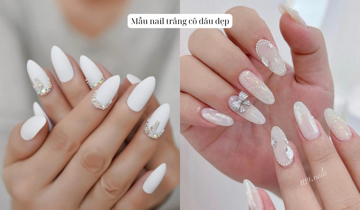 Mẫu nail trắng đính đá cô dâu lộng lẫy