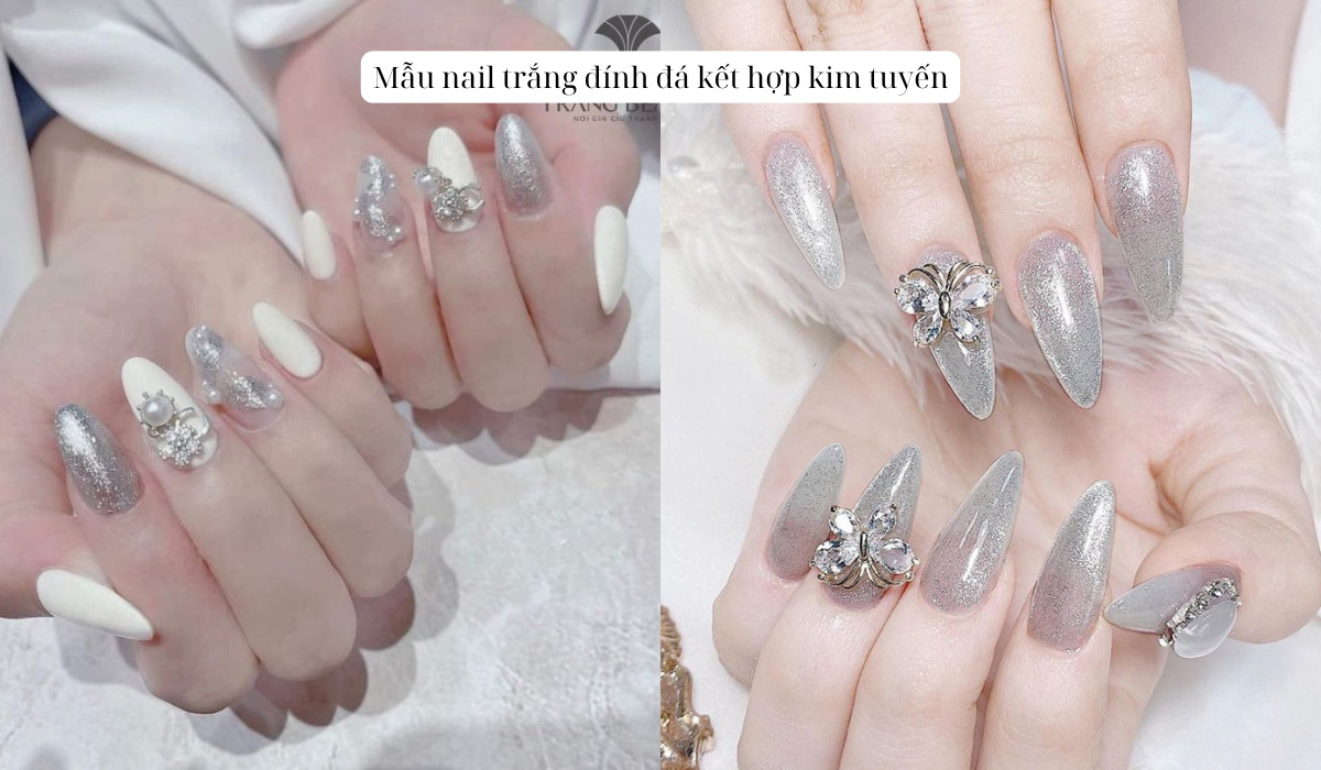 Mẫu nail trắng đính đá lấp lánh kim tuyến