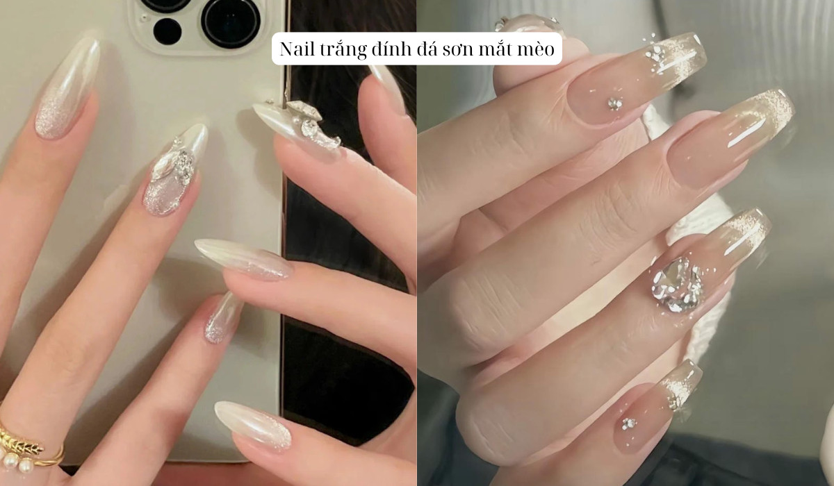 Mẫu nail trắng đính đá mắt mèo sang trọng