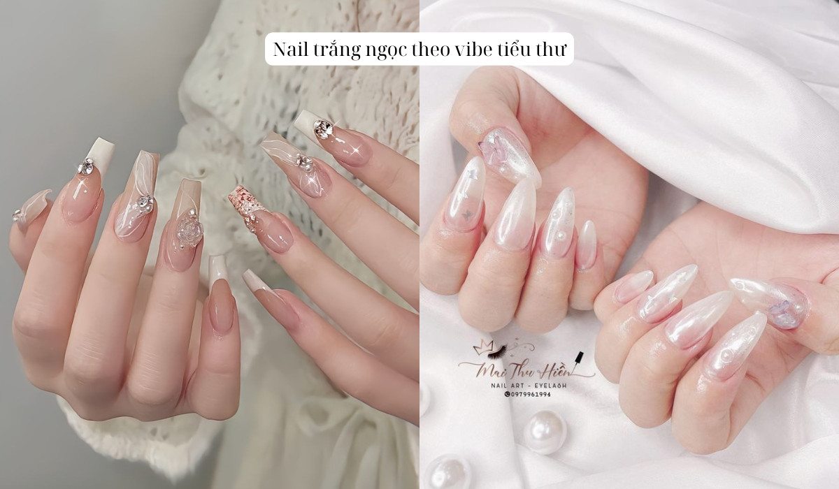 Mẫu nail trắng ngọc đính đá tiểu thư
